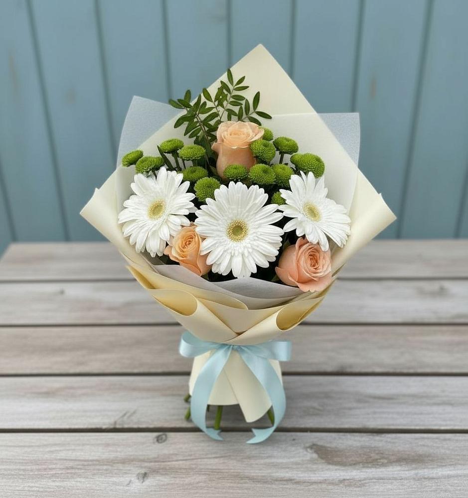 Букет цветов из: Герберы, Розы и Хризантемы в Товарково