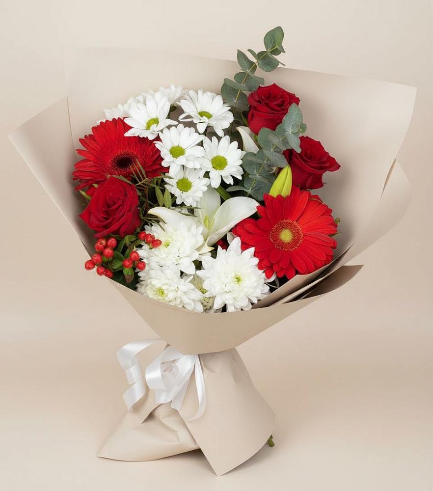 Букет цветов из: Розы, Хризантемы, Герберы и Лилии в Товарково