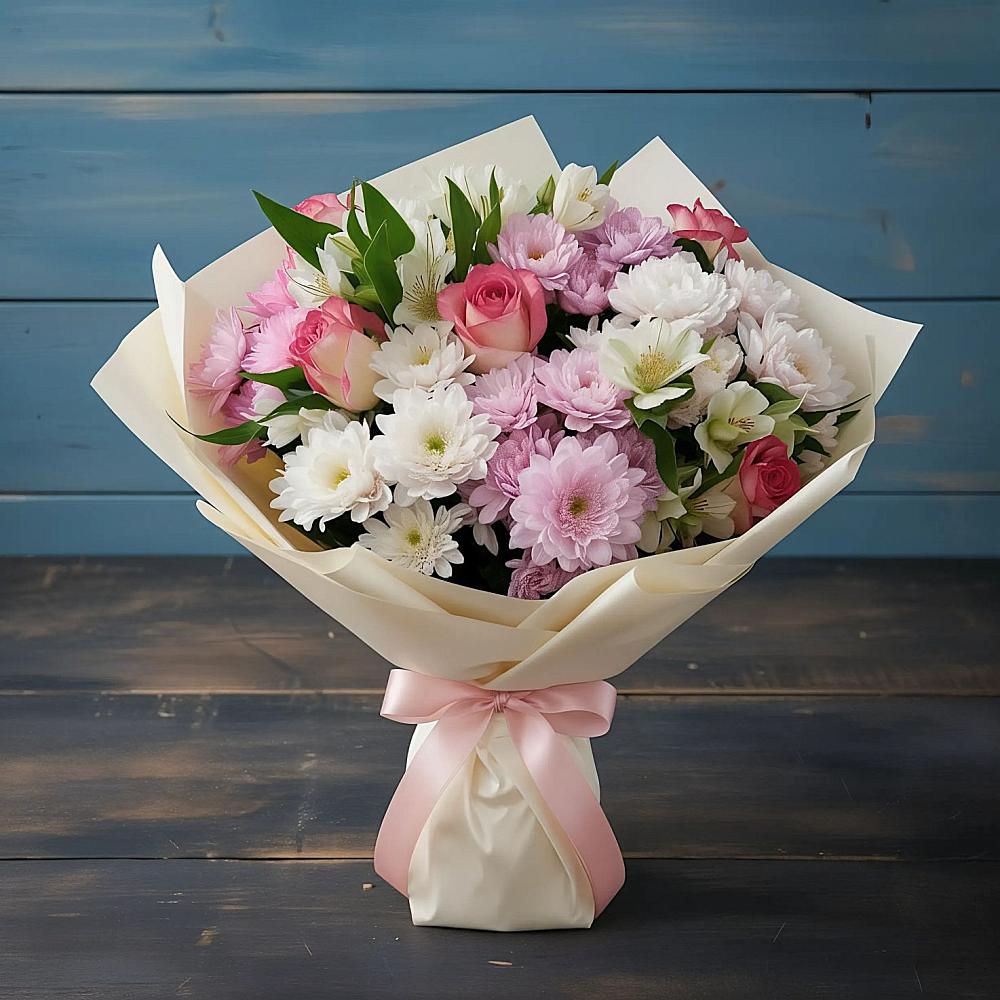 Букет цветов из: Хризантемы, Альстромерии и Розы в Товарково